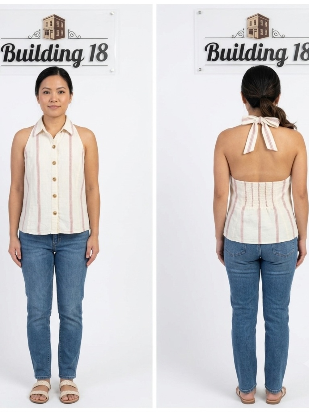 Building 18 by Anthropologie Women's Linen Blend Striped Button Halter Top 12P